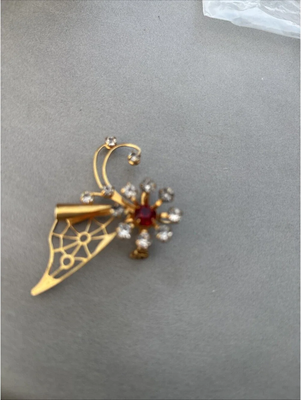 Vintage Jewelry Brooch Or Pendant art Deco Gold Toned Red Floral